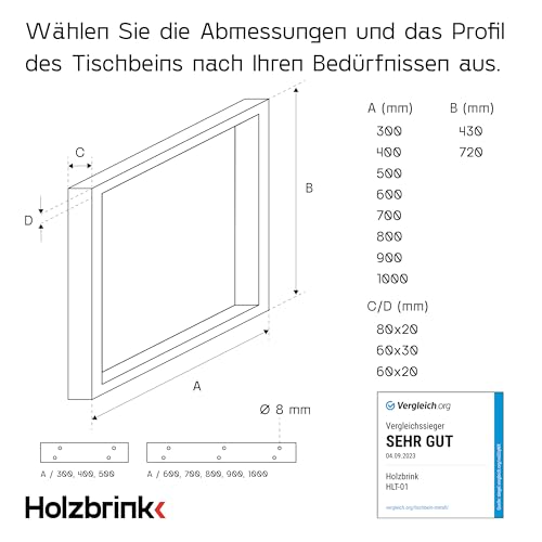 HOLZBRINK Tischbeine für Schreibtisch Esstisch, Möbelfüße aus Vierkantprofil 60x20 mm, Tischgestell 70x72 cm, Schwarz, 1 Stück, HLT-01-E-EE-9005