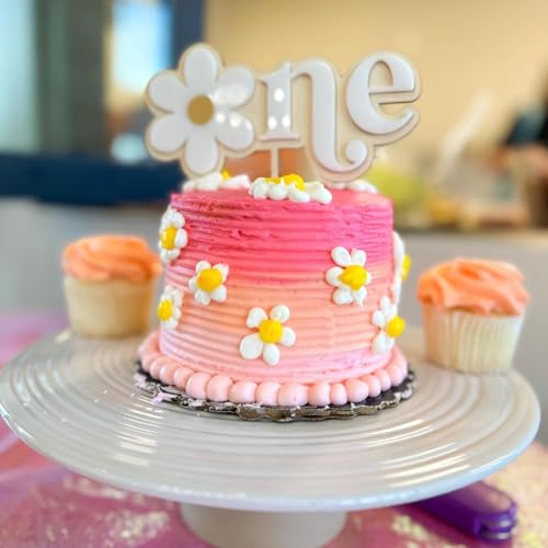 Image of Cake Topper for First Birthday | 6 Inch MDF Wooden Cake Decoration | Floral One Cake Topper for Baby Birthday Party Reusable Rustic Birthday Cake Accessory