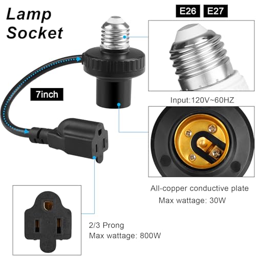 uyodm 3 in 1 light socket outlet adapter support 3 prong light bulb socket e26e27 light socket to plug adapter with extension cord for garage porch patio cctv camerablack