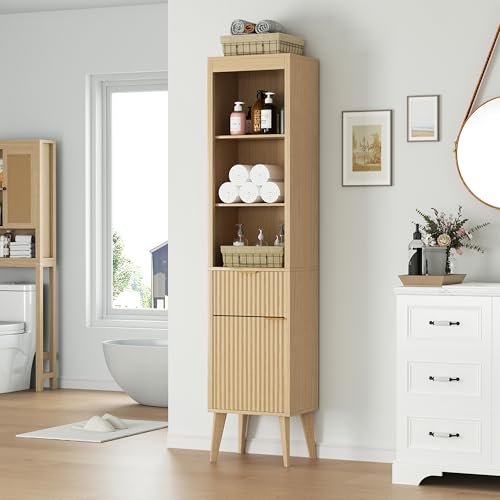 Image of 70 inch H Tall Storage Cabinet, Fluted Freestanding Floor Organizer for Bathroom, Kitchen Pantry, Utility Room, w /Drawer & Adjustable Shelves, Modern Accent in Natural Wood