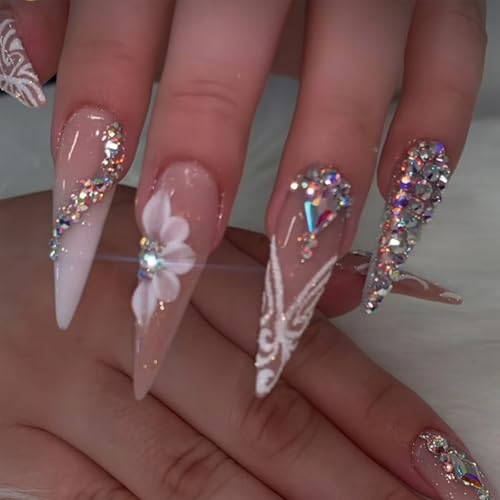 SINHOT Stiletto Press on Nails Long Fake Nails Glossy Glue on Nails Luxury Rhinestones Acrylic Nail White Bling Glitter Almond Artificial Nail Stick on Nail with Design 24pcs