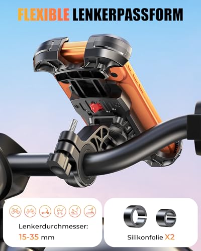 Glangeh Handyhalterung Fahrrad mit Sicherheitsschloss, [Starke Klemme] Handyhalterung Motorrad, 360° Drehbare Montageständer für Smartphones 4,7-6,9 Zoll (Kompatibel mit iPhone 17 Pro Max/S25 Ultra)