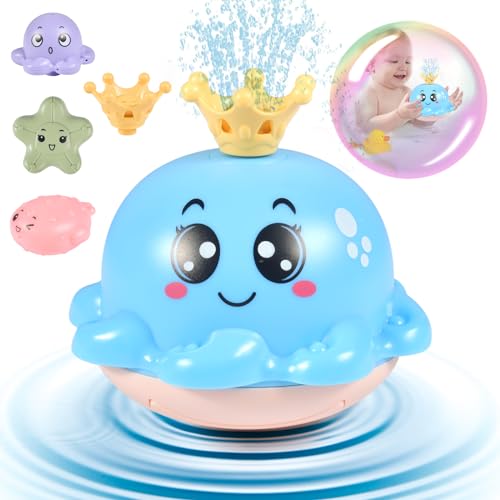 Qooloo Juguete de bañera con sensor automático, juguete de agua pulpo, juguete de bañera con luz, cuatro patrones de salpicaduras de agua, bebé a partir de 3 años (azul)