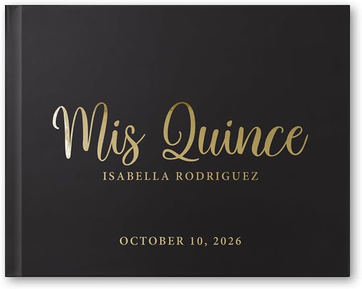 Quinceañera Guest Book Gift Idea, Mis Quince Party Book, Real Foil Guestbook with Color Choices - Black Gold (10x8)