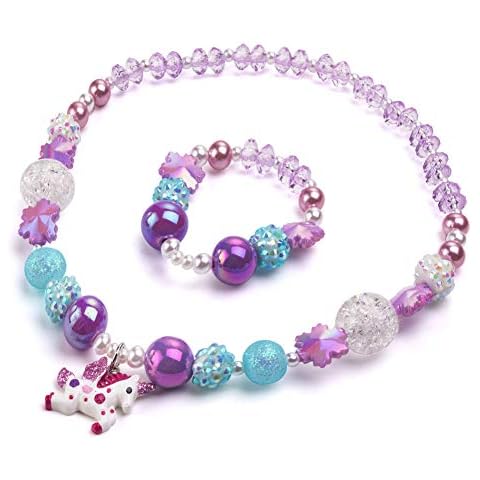 Maelovebunny Girls Chunky Unicorn Jewelry Necklace and Bracelet Set for Girls Little Kids Lovely Beaded Necklace and Bracelet Colorful Beads Jewelry Princess Dress up for Toddlers Kids Gift Cover