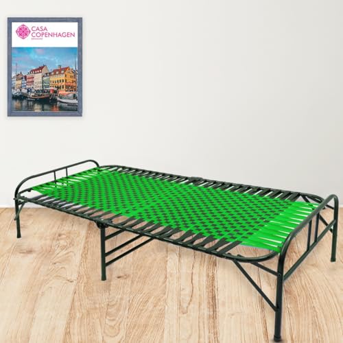 Image of Casa Copenhagen, Portable Single Folding Bed Heavy Duty Metal Cot Khat for Sleeping Bed Space Saving Design Sturdy Synthetic Niwar feet - Green & Charcoal Black