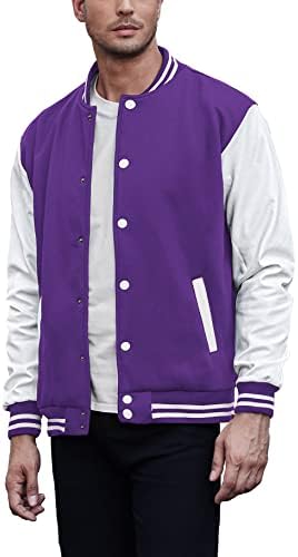 COOFANDY Mens Fashion Varsity Jackets Leather Sleeve Slim Fit College Baseball Letterman Bomber Coat, Purple, Medium