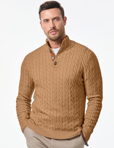 Image of JMIERR Men's Cable Knit Pullover Sweater Casual Long Sleeve Stand Collar Button Knitted Sweaters