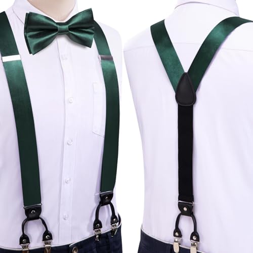 Image of Hi-Tie Men Suspender Bowtie Set Suspenders Pre-tied Bow Tie Pocket Square Cufflinks Adjustable Y Shape 6 Clips Braces Tuxedo