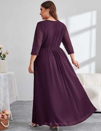 Image of ZOMVA Plus Size Maxi Formal Dress Lace Chiffon Floral V-Neck Wrap Wedding Guest Evening Gown Cocktail Prom 3 /4 Sleeves