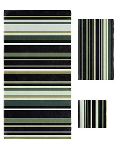 Yukro 3 Piece Bath Towel Set, Black Green Stripe 1 Bath Towel, 1 Hand Towel and 1 Wash Cloth Microfiber Towel, Highly Absorbent Ultra Soft Towels for Bathroom Pool Gym