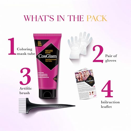 Image of Cosglam Hot Pink (#12) Semi Permanent Hair Color for Women & Men, 120g | Vegan Hair Dye | No Ammonia, No Peroxide | Non-Oxidative Formula | Conditioner Enriched Glossy Finish