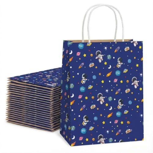 FunBlast 10Pcs Paper Bags with Handles – Reusable Paper Bag, Kraft Carry Bag for Gifting, Shopping, Weddings, Birthday, Return Gifts, Party Favors & Packaging (Space-Print)