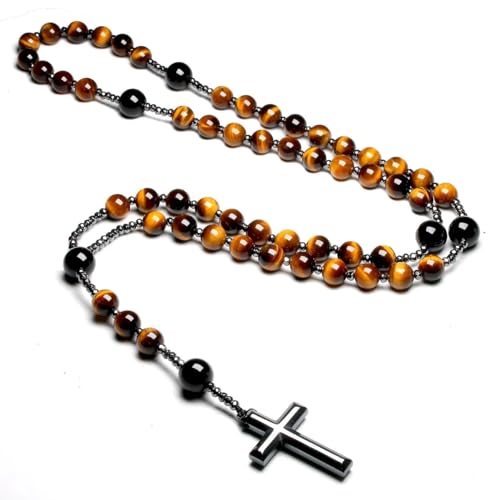 Tiger Eye Necklace and Bracelet Set, Cross Pendant Necklace, Triple Protection Bracelet, Healing Crystal Black Obsidian Tiger Eye and Hematite Beads Jewelry3
