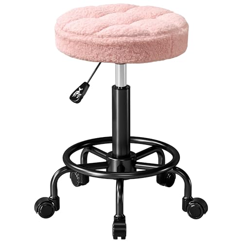 HOMCOM Taburete Giratorio Redondo Taburete con Ruedas Altura Regulable 50-66 cm Asiento Tapizado en Tejido de Borreguito para Salones Talleres SPA Masaje Rosa