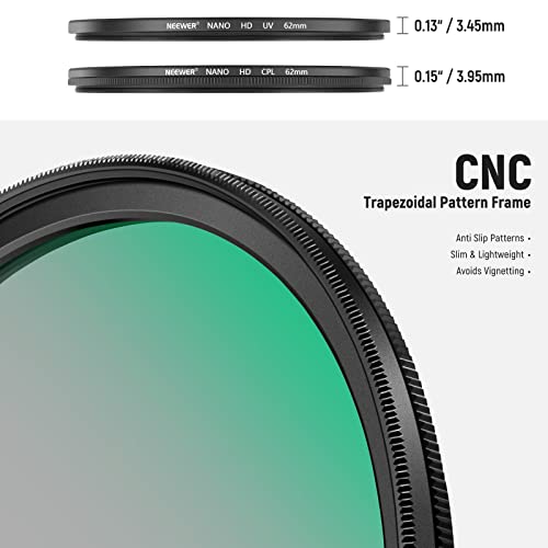 Neewer 62Mm Cpl Uv Lens Filter Kit, Circular Polarizer/Uv Protection Lens Filter Set With Hd Optical Glass With Double Sided 30 Layer Nano Coatings/Ultra Slim Aluminum Frame #TOP7