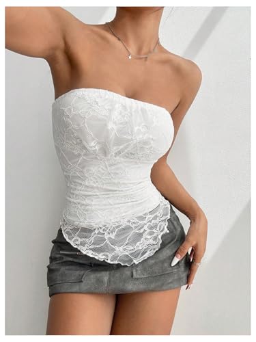 MakeMeChic Women's Floral Lace Strapless Tube Top Ruched Backless Y2k Bandeau Tops4