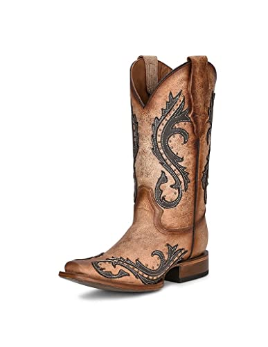 Circle G LADIE'S BROWN/GREY OVERLAY & EMBROIDERY & STUDS SQ. TOE, LEATHER SOLE, WESTERN L2052