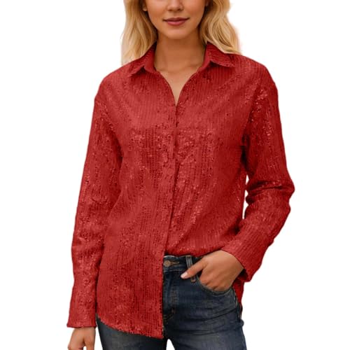 Generisch Blusa de lentejuelas para mujer, elegante, con botones, chaqueta festiva con purpurina, manga larga, lentejuelas, Nochevieja, camiseta de cóctel, carnaval, blusas con purpurina, rojo, XXL