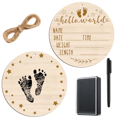 Image of Thyle Baby Announcement Wooden Name Sign for Hospital Birth Double Sided Newborn Welcome Sign with Marker Pen and Ink Pad for Baby Shower Hand Footprints(Round)