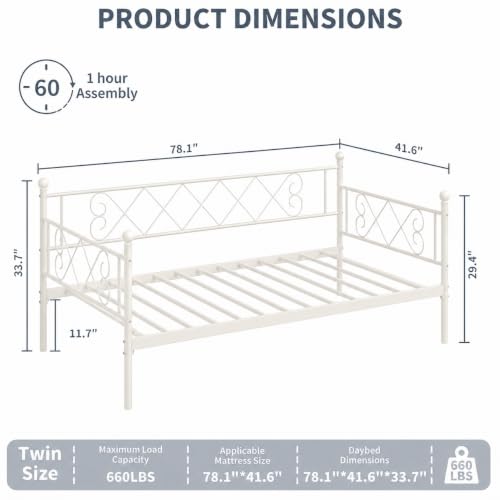 Image of Garvee Daybed with Pull Out Trundle, Metal Sofa Bed Frame with Heart Headboard, Steel Slat Support, No Box Spring Needed, Guest Bed for Bedroom, Living Room,