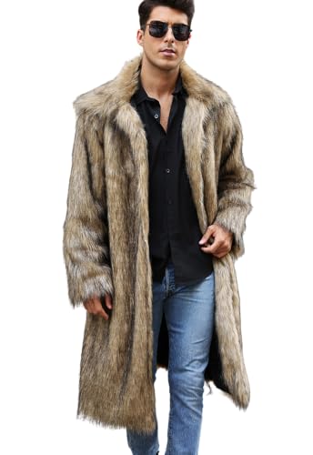 ebossy Men's Fashion Faux Fur Fluffy Coat Winter Warm Maxi Long Thicken Sherpa Overcoat Outwear with Pocket (XL, Khaki)