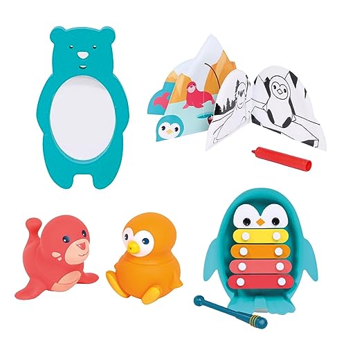 LUDI - Cofanetto da bagno artico - Xilofono, libro, specchio, matita da bagno e 2 aspergatori - Giocattoli da bagno puro - a partire da 10 mesi
