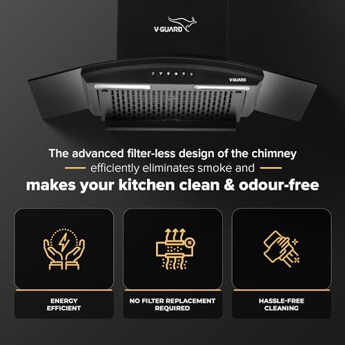 Image of V-Guard C10 60cm Kitchen Chimney | 1000 m /h Suction Capacity | Filterless Chimney | Heat Auto Clean | Elegant Curved Glass Design | Free Cleaning Contract