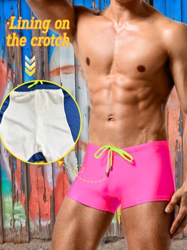 Men's Bright Color Swim Trunks, Sexy Stretch Swimwear, Drawsting Low-Rise Square-Leg4