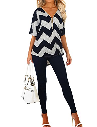 Ezcosplay Women Zipper Front V Neck Tunics Asymmetric Hem Color Block Tops T-Shirt #TOP2