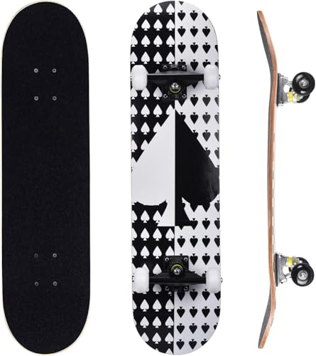 ERNAN Complete Skateboard for Beginners,31 x 8 Inch Double Kick Skateboard for Kids Teenagers & Adults. with Skate T-Tool. (black Spades)