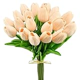 Mandy's Artificial Tulips 20 Stems Champagne PU Faux Flowers for Valentine's Day and New Year Decorations Wedding Home Decor 13.5 Inch