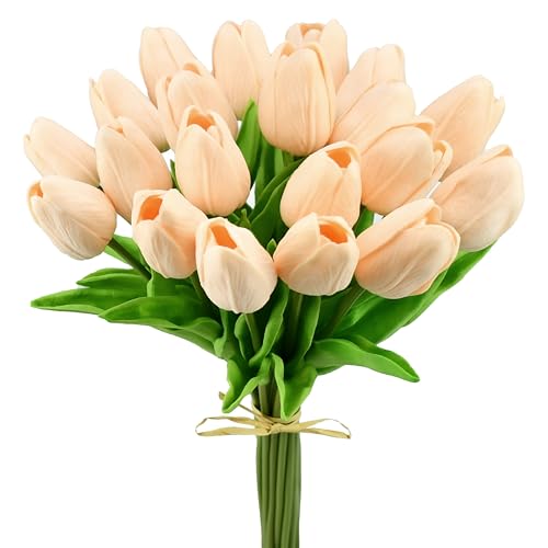Mandy's Artificial Tulips 20 Stems Champagne PU Faux Flowers for Valentine's Day and New Year Decorations Wedding Home Decor 13.5 Inch