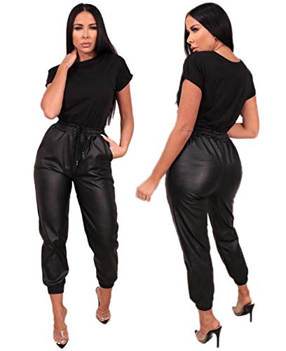 Image of STAR FASHION Women’s Wet Look Faux Leather PU PVC Shiny Trouser Ladies Joggers Pants Paper Bag Cuffed Jogging Bottoms Draw String Tie Up Waist Trouser Size (UK_8-14) Black