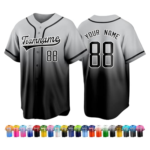 Custom Baseball Jersey Stitched Print Personalized Name Number Team Button Down Shirts Sports Uniform for Men Women Boys Grey-Black