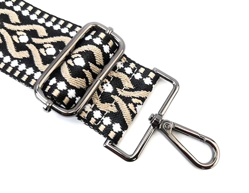 Purse Strap Replacement Crossbody 2 Inch Wide Black Khaki Ethnic Jacquard Weave with Gunmetal Hooks Adjustable Shoulder Strap Guitar Style2