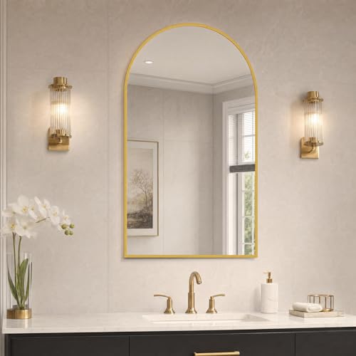 Image of BEAUTYPEAK 22 inchx30 inch Arch Bathroom Mirror, Wall Mounted Vanity Metal Frame Mirror for Bedroom, Entryway, Living Room, Gold