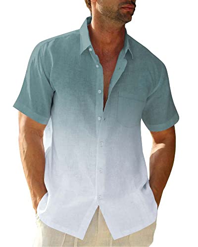 Beotyshow Mens Gradient Linen Shirts Short Sleeve Button Down Beach Shirts