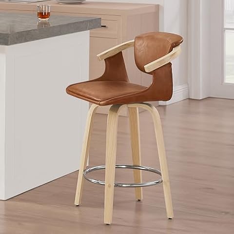 Zouron Bar Stool with Arms, Swivel Wooden Bar Chair, 26" Counter Height Barstool with Back, Modern Upholstered Leather Island Chair for Kitchen Home Bar, 1Pcs, Brown PU Cover