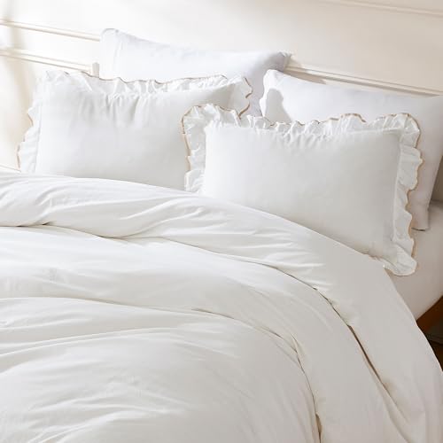 Image of Lush Decor - Duvet Cover Set, 3-Piece Cotton Bedding with Matching Shams, Contrast Edge & Stylish Border (Reyna Off-White /Neutral, Full /Queen)