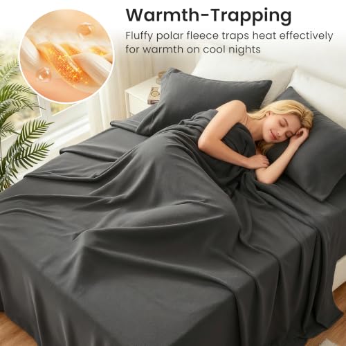 Image of Love's cabin Fleece Queen Sheet Set - 4 Pcs Dark Grey Winter Soft Plush Polar Fleece Bed Sheets Set with 16 inch Deep Pocket,Cozy Warmth for Cold Season(1 Flat Sheet,1 Fitted Sheet,2 Pillow Cases)