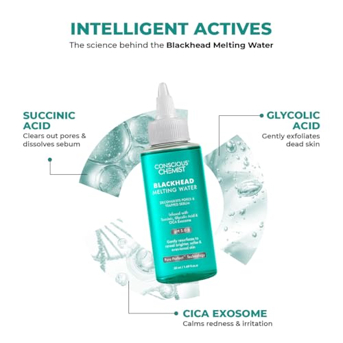 Image of Conscious Chemist Blackhead Melting Water | 50ml | Gentle Pore treatment with Succinic, Glycolic Acid & CICA Exosome | Unclogs Pores, Dissolves Blackheads & Smoothens Skin | Toner For Men & Women