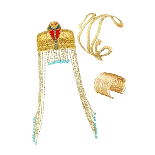 budiniao Ensemble Complet d'accessoires de Costume de Reine égyptienne Comprenant Un Bandeau, Un Brassard Serpent, Bracelet doré et Casque Cheveux en Perles,...