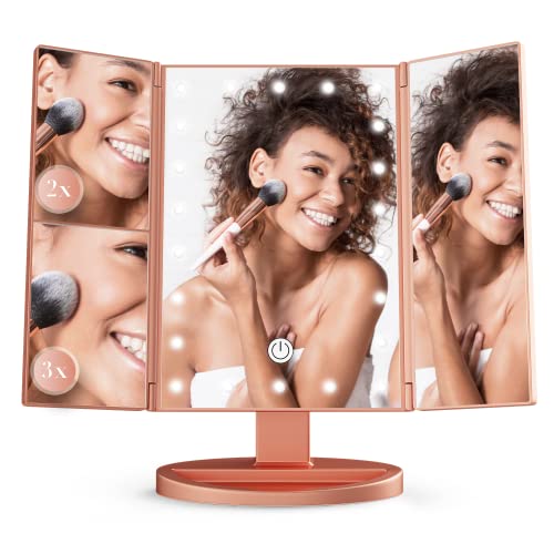 Savvy Comfort | Tri-Fold Vanity Makeup Mirror with LED Lights, Brightness Control & 3X/2X/1X Magnification, Vanity Mirror with Lights - Battery Powered Makeup Mirror with Lights