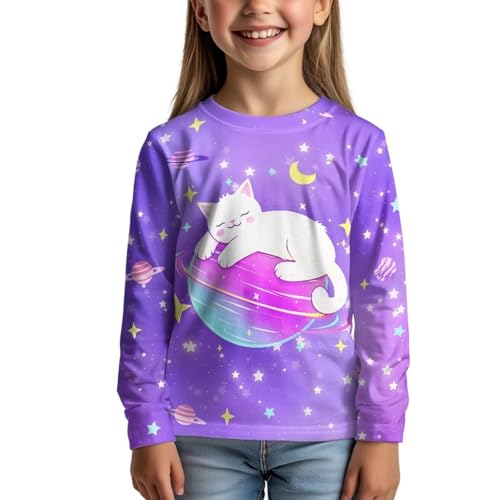 Image of Girls Cartoon Print Long Sleeve Graphic Tee Casual Crew Neck T-Shirts for 3-16 Years Little Girls