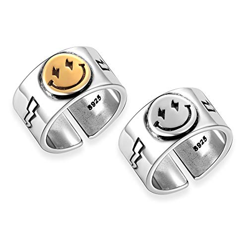 BMMYE 2pcs Wide Smiley Face Ring for Women Tiktok Happy Face Ring Vintage Silver Open Band Rings Statement Gold Smile Smiling
