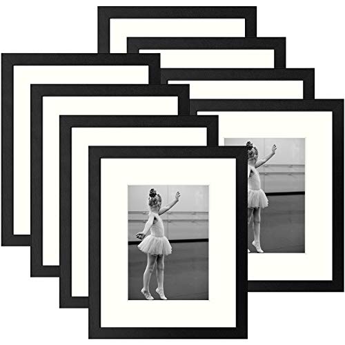 Frametory, Tabletop/Wall Picture Frame, Sawtooth Hangers Pre-Installed, Smooth Molding, Ivory Mat, Easel Stand, Great for Portrait, Collages (Black, 8x10 for 5x7 Photo, 8 Pack)
