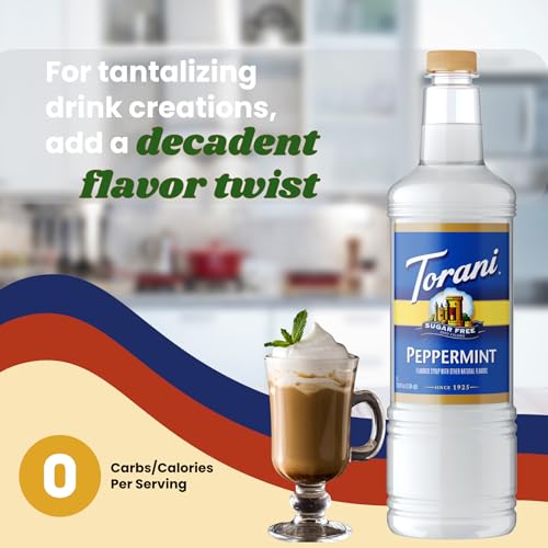 Image of Torani Sugar Free Peppermint Syrup 1 Liter Bottle with Pump Dispenser - Zero Sugar, Zero Calories, Keto Friendly, Gluten Free Mint Flavor for Coffee, Lattes, Cocktails, and Holiday Drinks