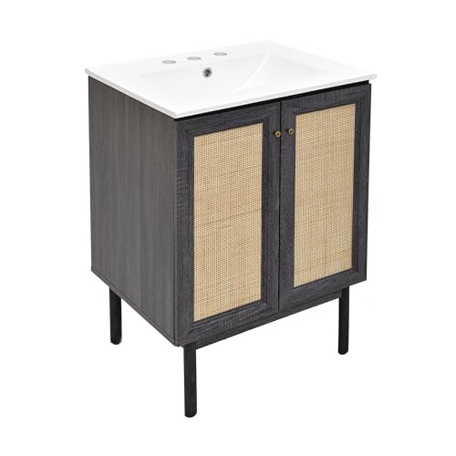 Image of Swiss Madison Classe 24 in. Black Oak Bathroom Vanity with White, 3-Hole Ceramic Sink Top