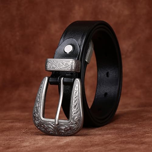 Women 28mm Thin Belt for Jeans Pants Dress Ladies Skinny Leather Strap with Engraved Floral Antique Silver Buckle2